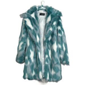 Teal blue/White Funky Printed Fur Coat